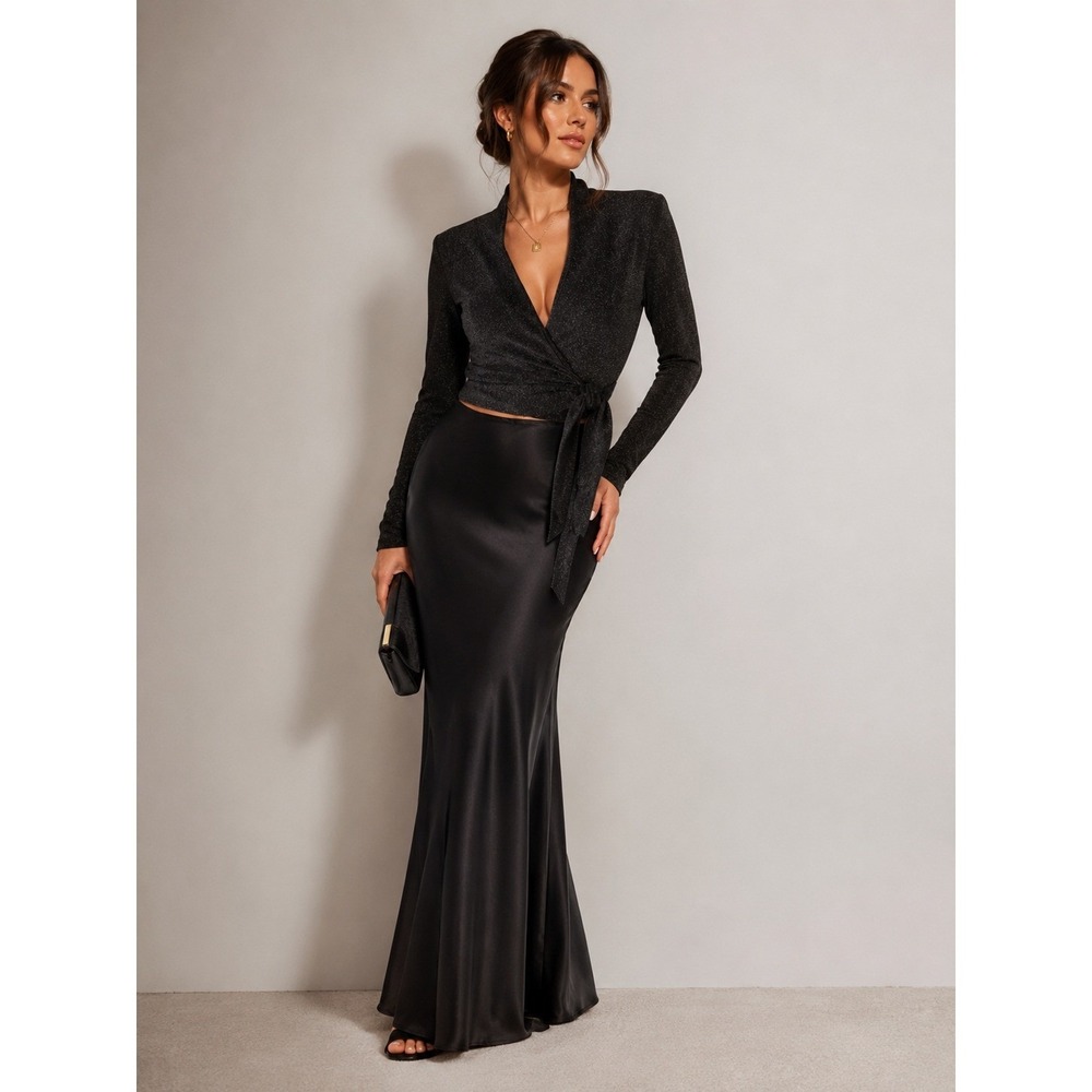 Ganni Baxter Long Sleeve Metallic Wrap Top S Glam Evening Cocktail Chic Retro